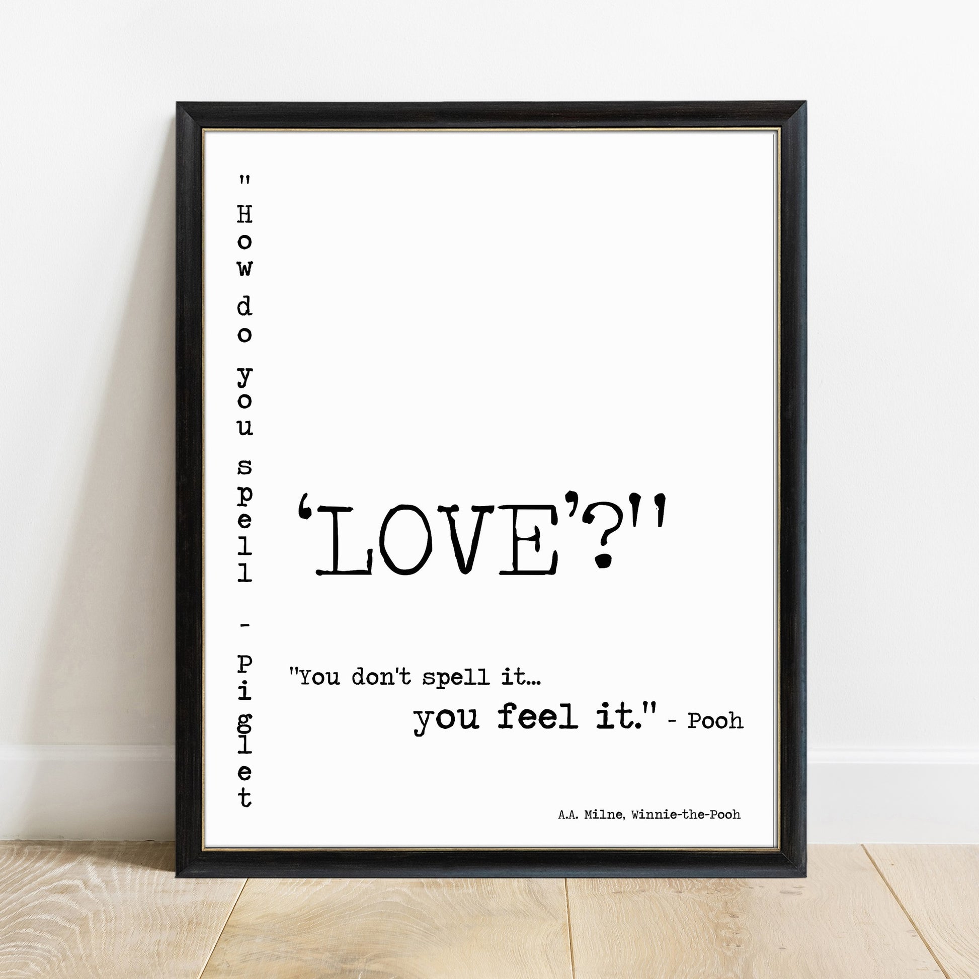 How do you spell love Winnie the Pooh print in a black frame, white background