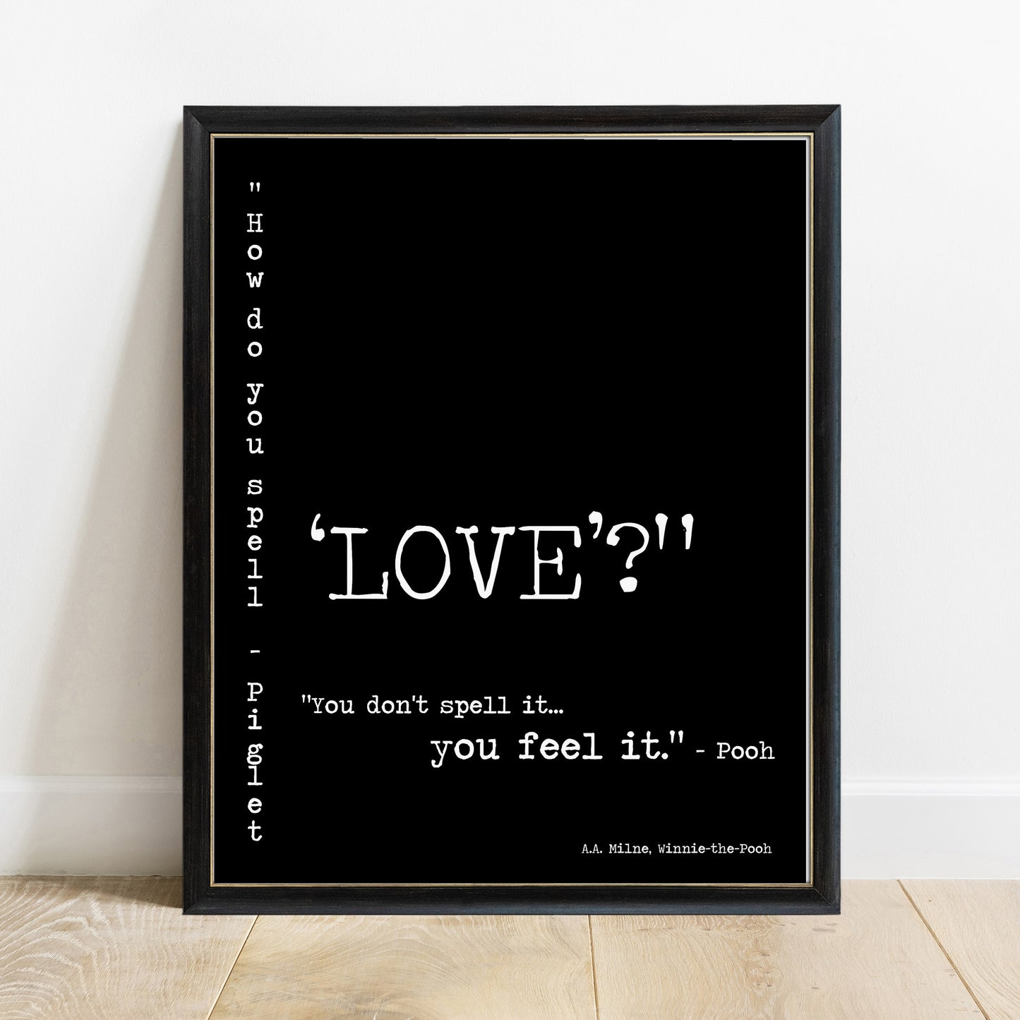 How do you spell love Winnie the Pooh print in a black frame, black background