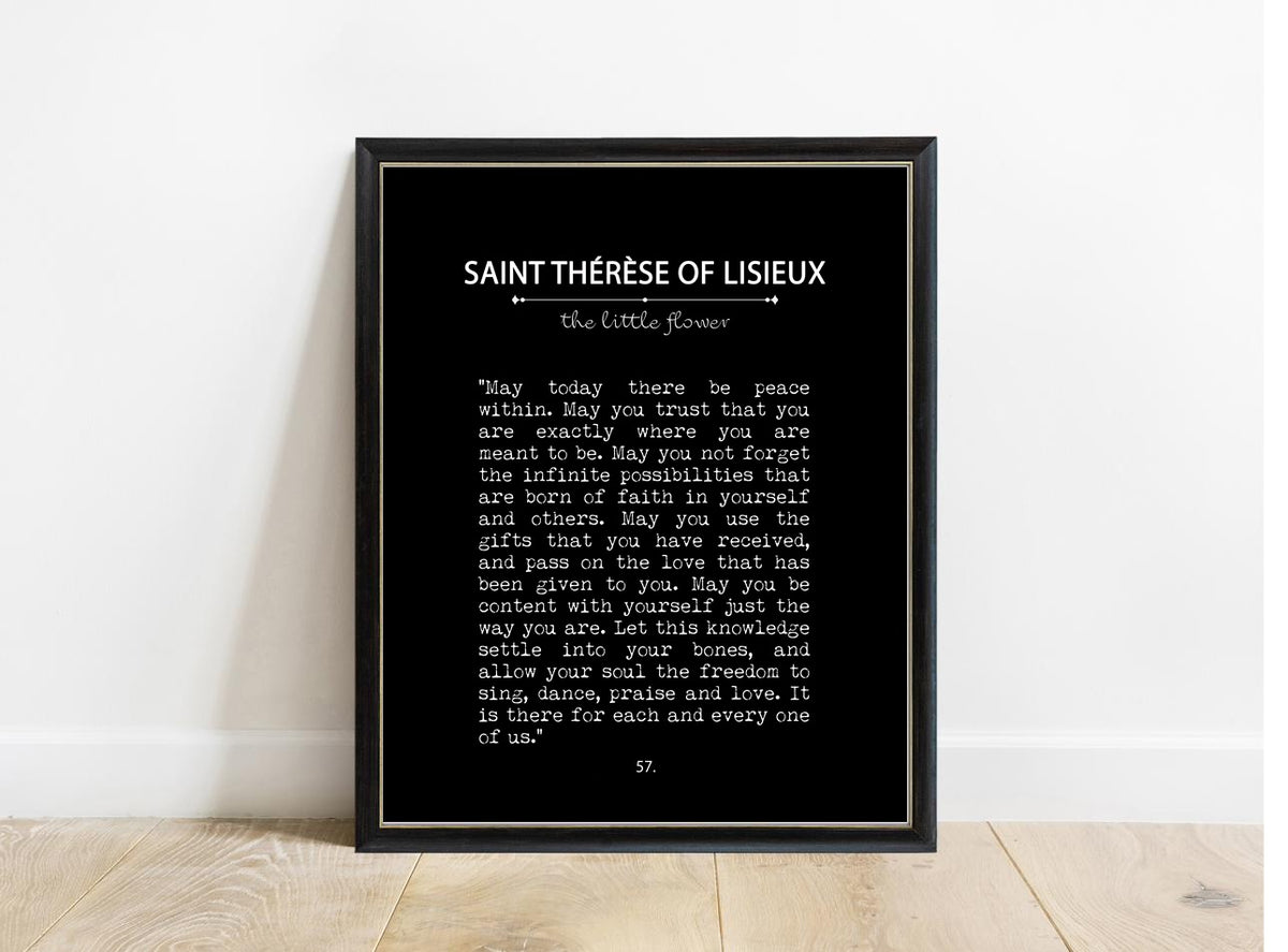 Saint Therese of Lisieux May Today There Be Peace Within book page print in a black frame, black background