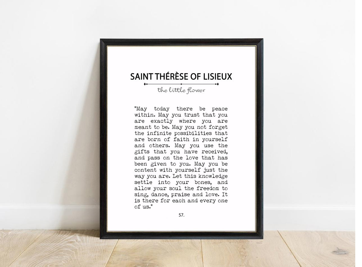 Saint Therese of Lisieux May Today There Be Peace Within book page print in a black frame, white background