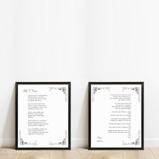 Maya Angelou Still I Rise floral poem print set of 2, white background, black frames