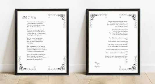 Maya Angelou Still I Rise floral poem print set of 2, white background, black frames