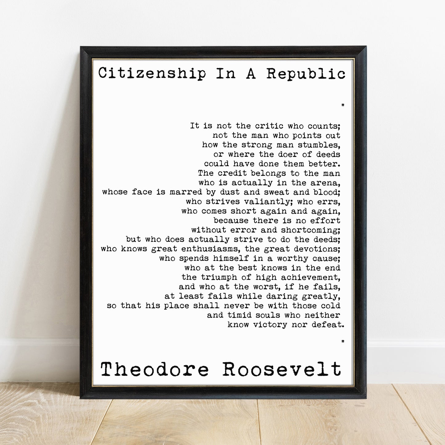 Theodore Roosevelt Man in the Arena Citizenship in a Republic print in a black frame, black background