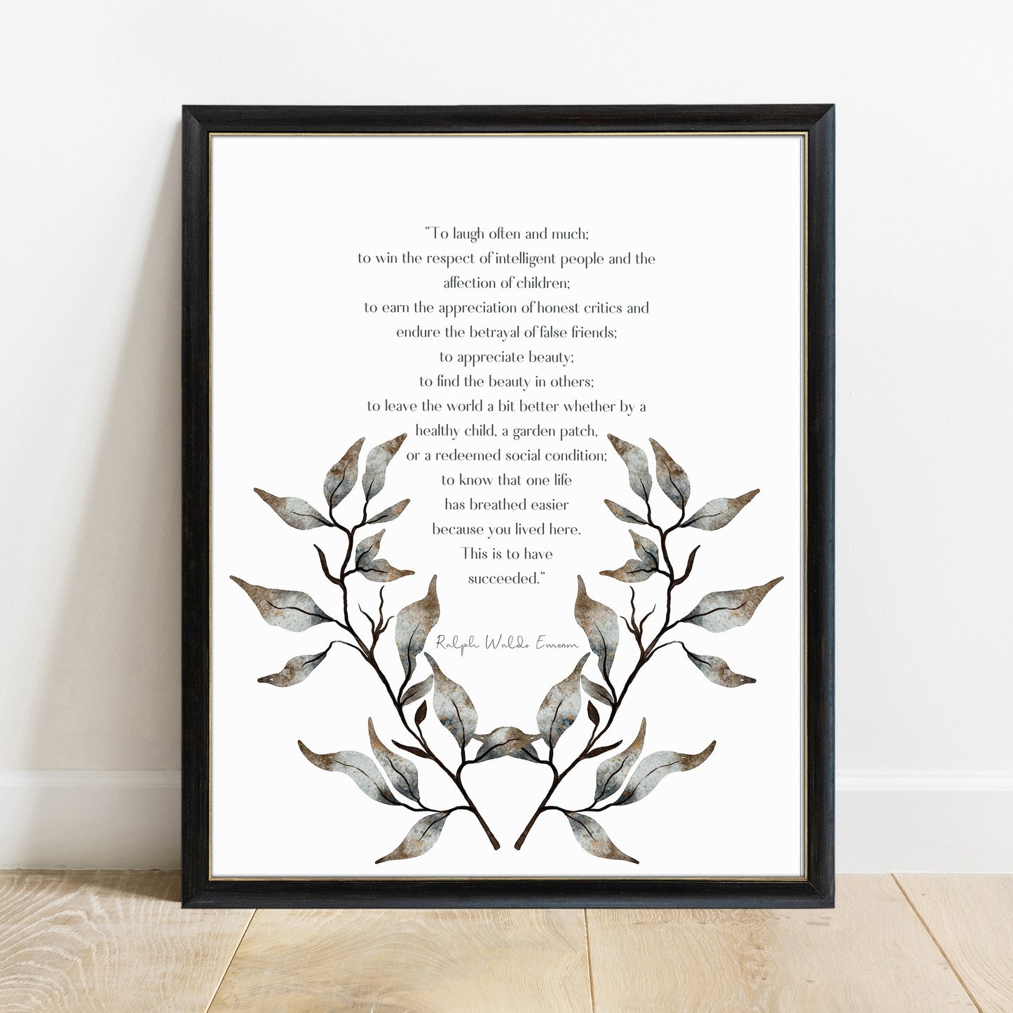 Ralph Waldo Emerson to laugh often and much quote print in a black frame