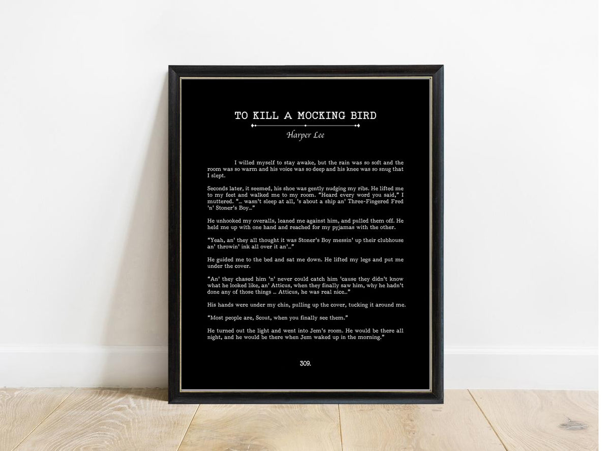 To Kill a Mockingbird last page book page print in a black frame, black background