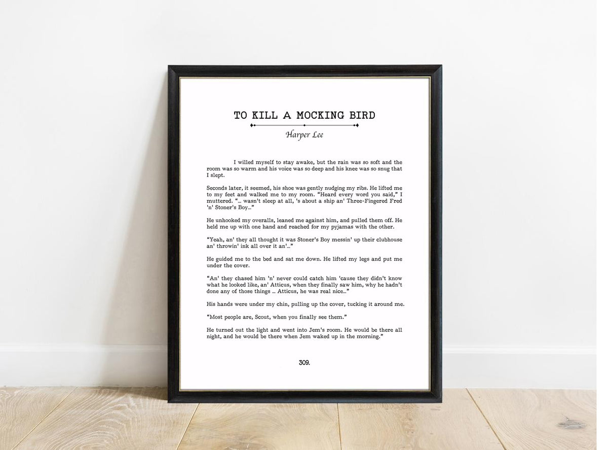 To Kill a Mockingbird last page book page print in a black frame, white background