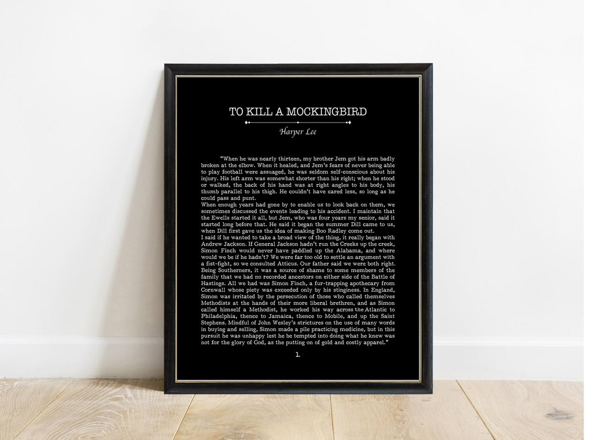 To Kill a Mockingbird first page book page print in a black frame, black background