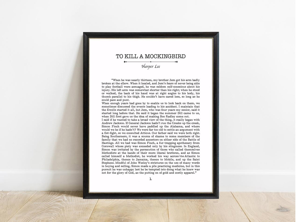 To Kill a Mockingbird first page book page print in a black frame, white background