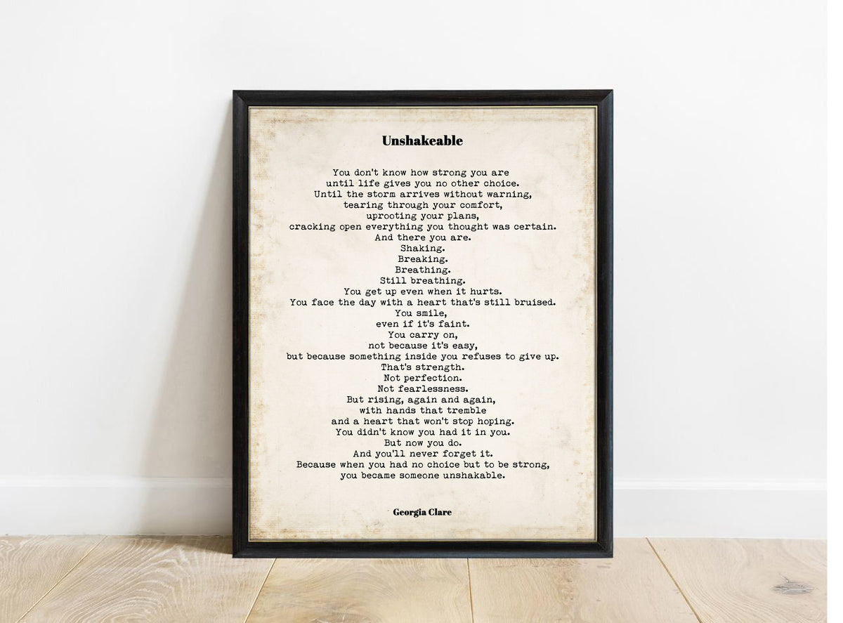 Georgia Clare Unshakeable poem print in a black frame, vintage background