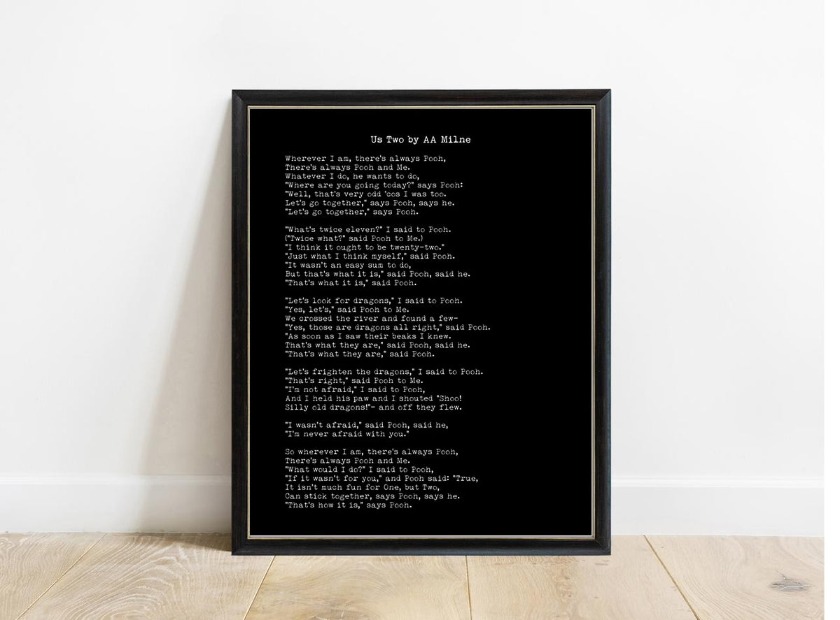AA Milne Us Two poem print in a black frame, black background