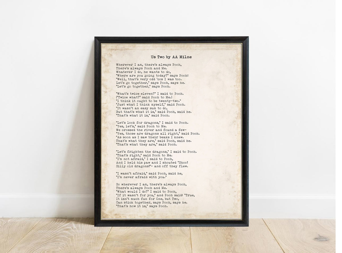AA Milne Us Two poem print in a black frame, vintage background
