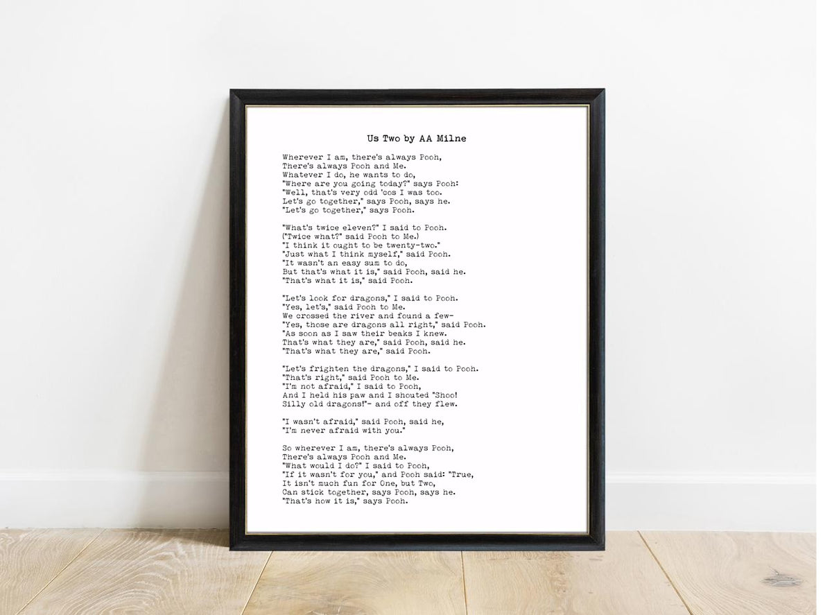 AA Milne Us Two poem print in a black frame, white background