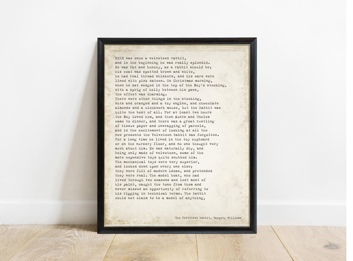 Velveteen Rabbit opening passage print in a black frame, vintage background