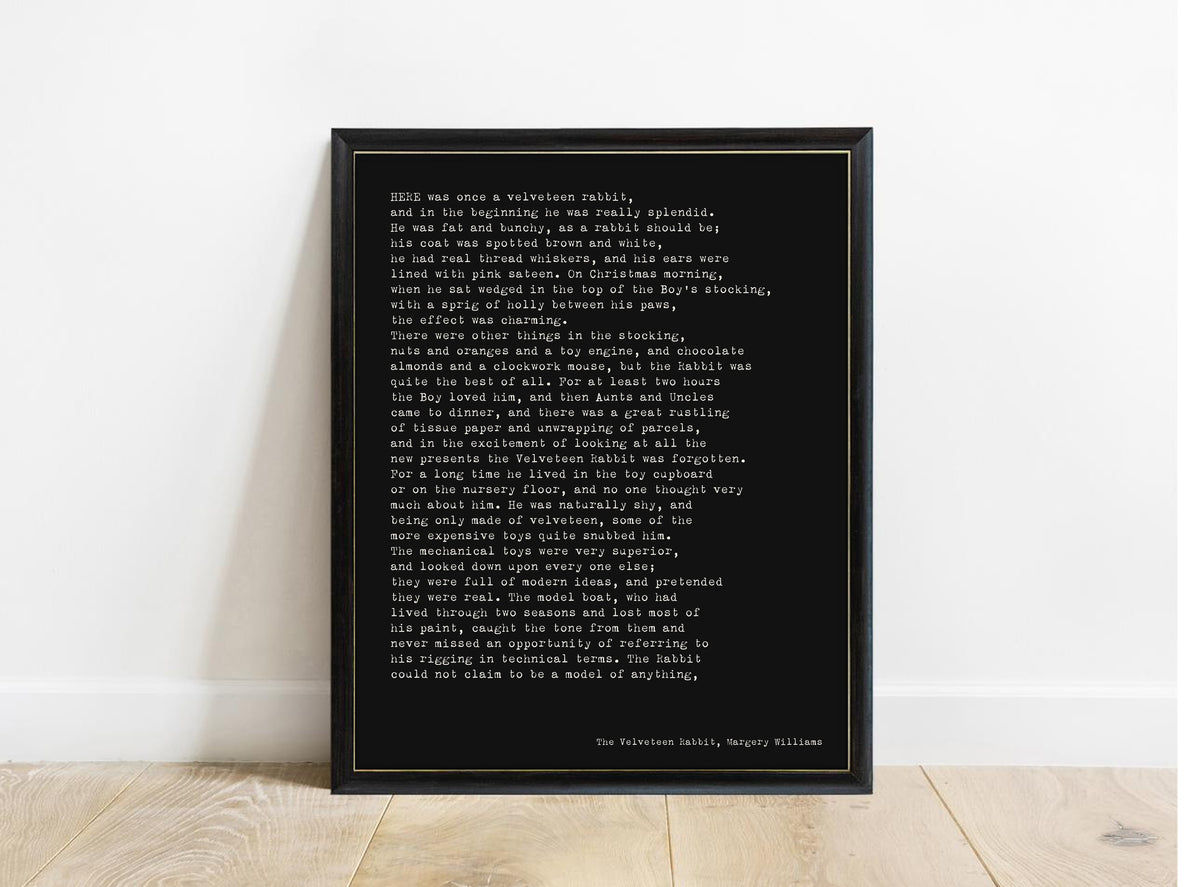 Velveteen Rabbit opening passage print in a black frame, black background