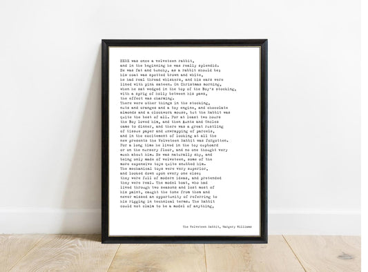 Velveteen Rabbit opening passage print in a black frame, white background