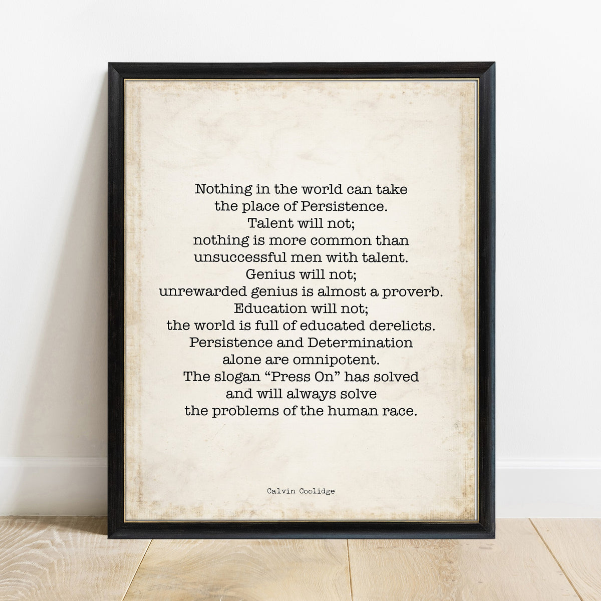 Calvin Coolidge persistence quote print in a black frame, vintage background