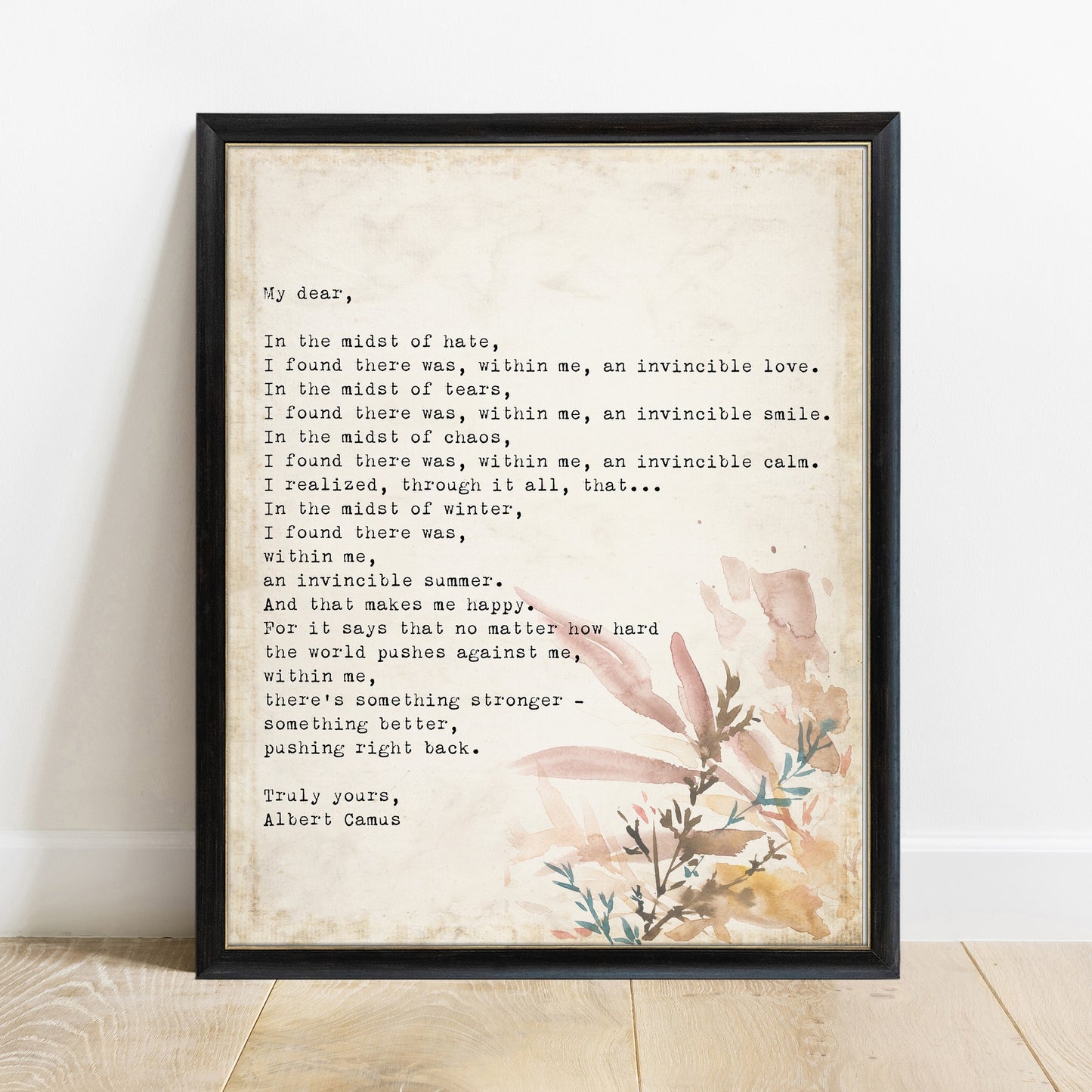 My dear Albert Camus letter print with watercolour botanicals in a black frame, vintage background