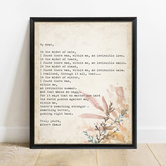 My dear Albert Camus letter print with watercolour botanicals in a black frame, vintage background
