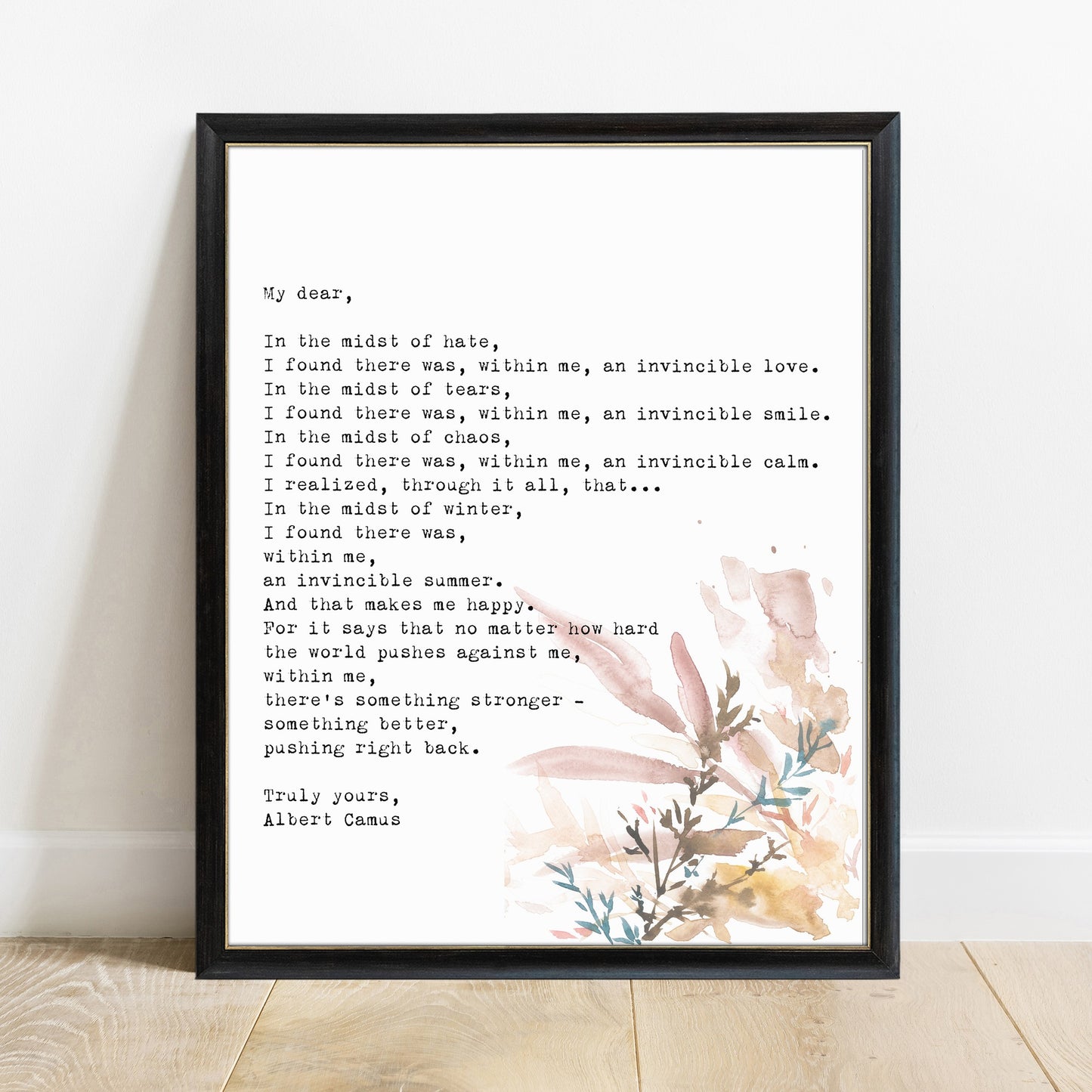 My dear Albert Camus letter print with watercolour botanicals in a black frame, white background