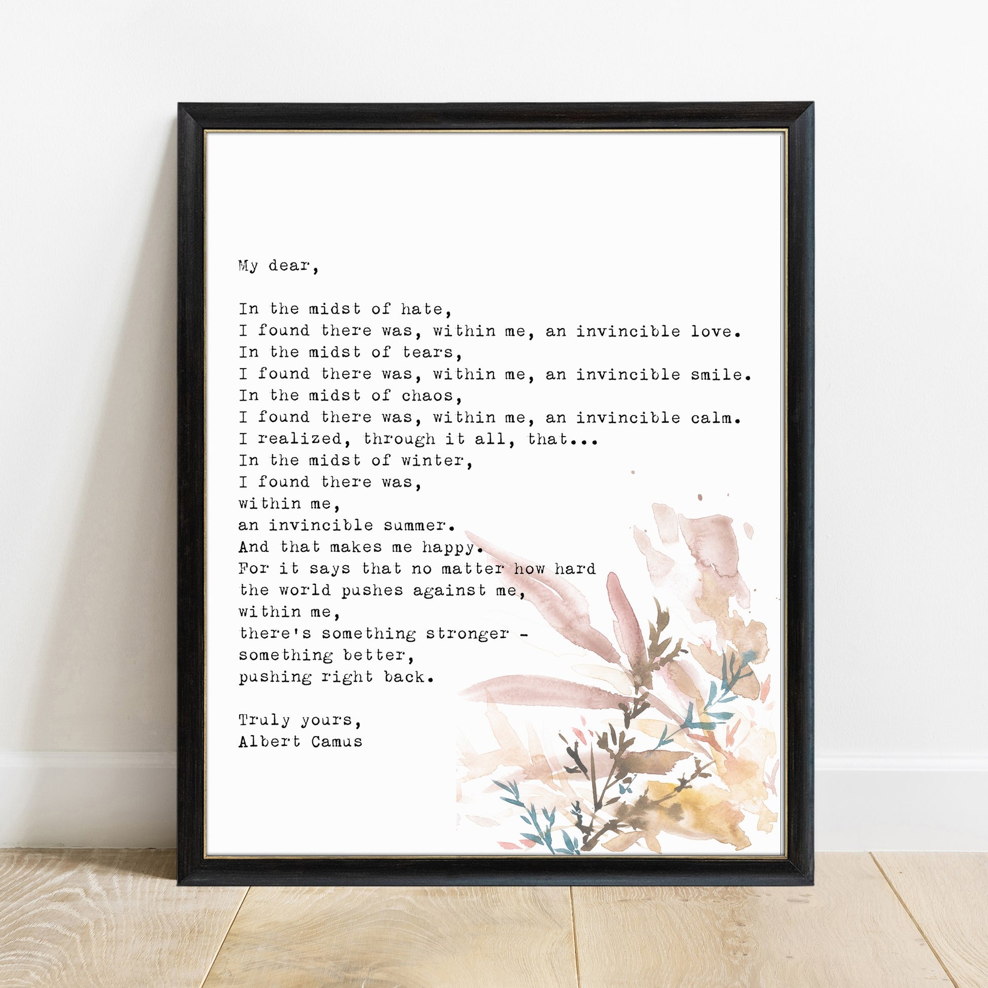 My dear Albert Camus letter print with watercolour botanicals in a black frame, white background