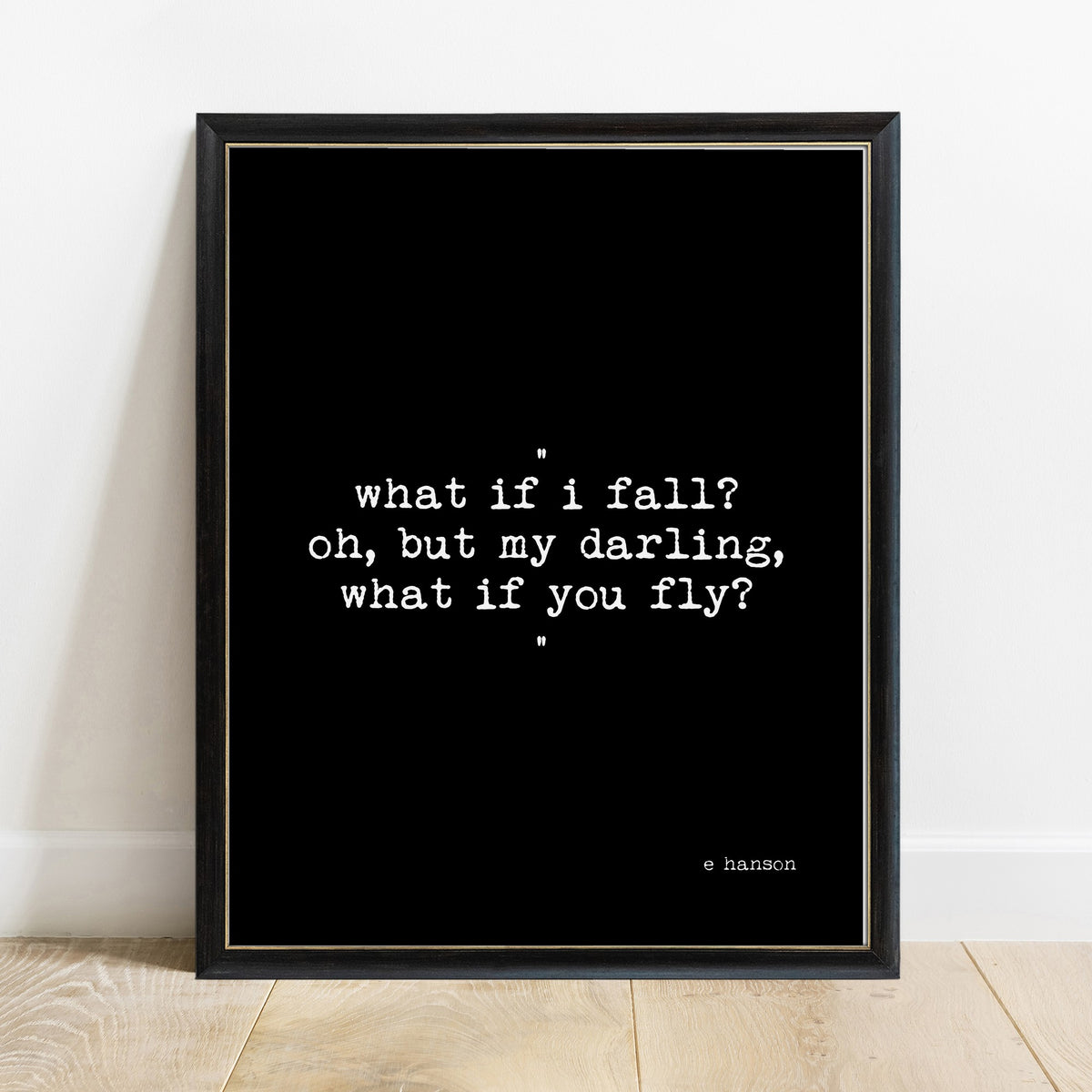 What if I fall oh but my darling what if you fly nursery print in a black frame, black background