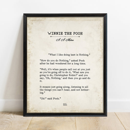 Winnie the Pooh doing nothing vintage book page print in a black frame