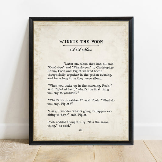 Winnie the Pooh what's for breakfast vintage book page print in a black frame