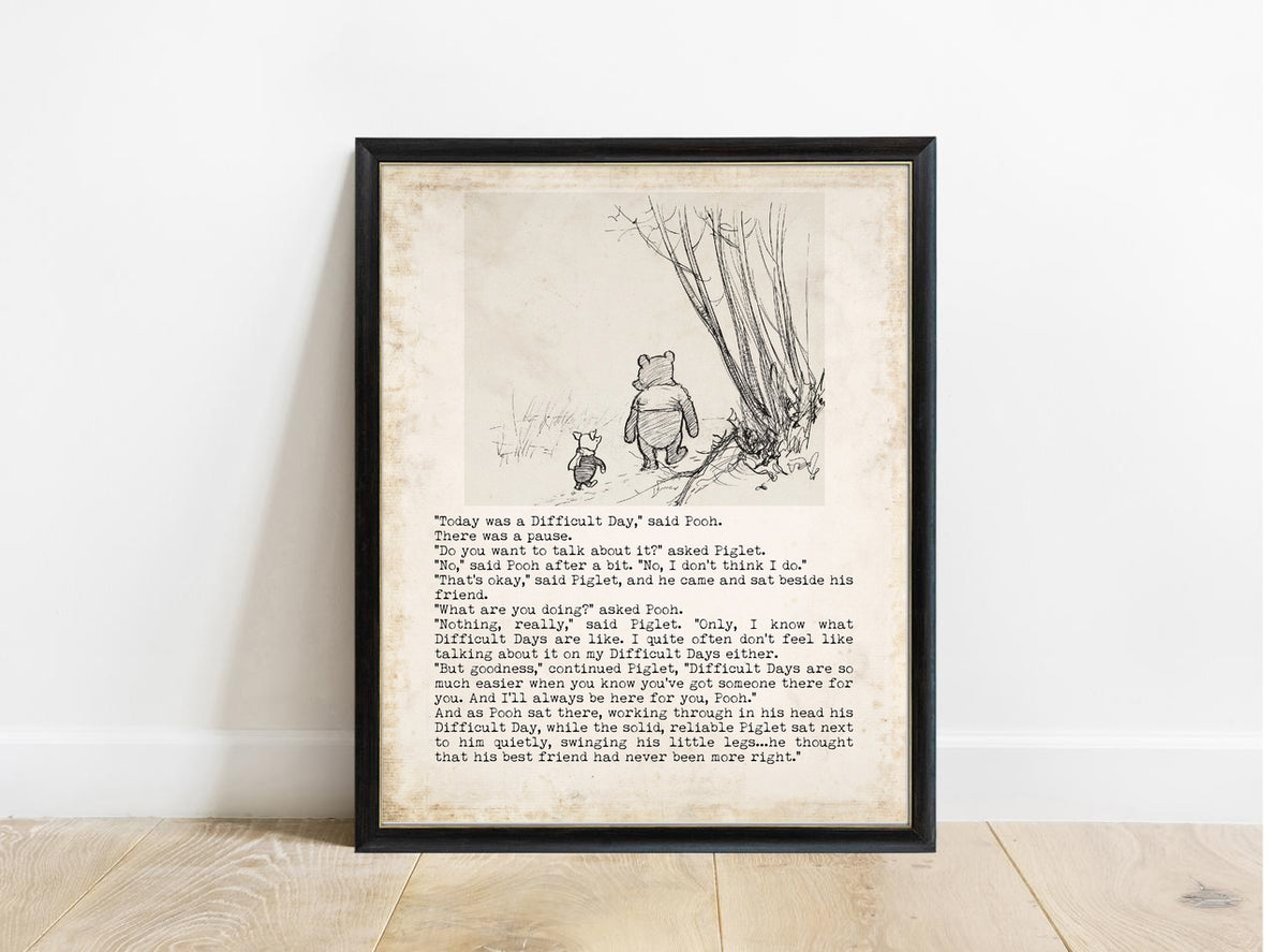 Winnie the Pooh Difficult Days illustrated print in a black frame, vintage background