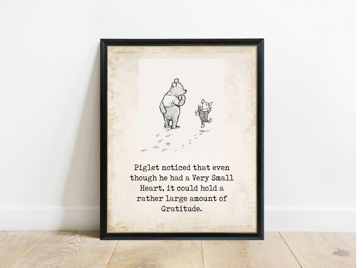 Winnie the Pooh and Piglet gratitude quote vintage style illustrated print in a black frame