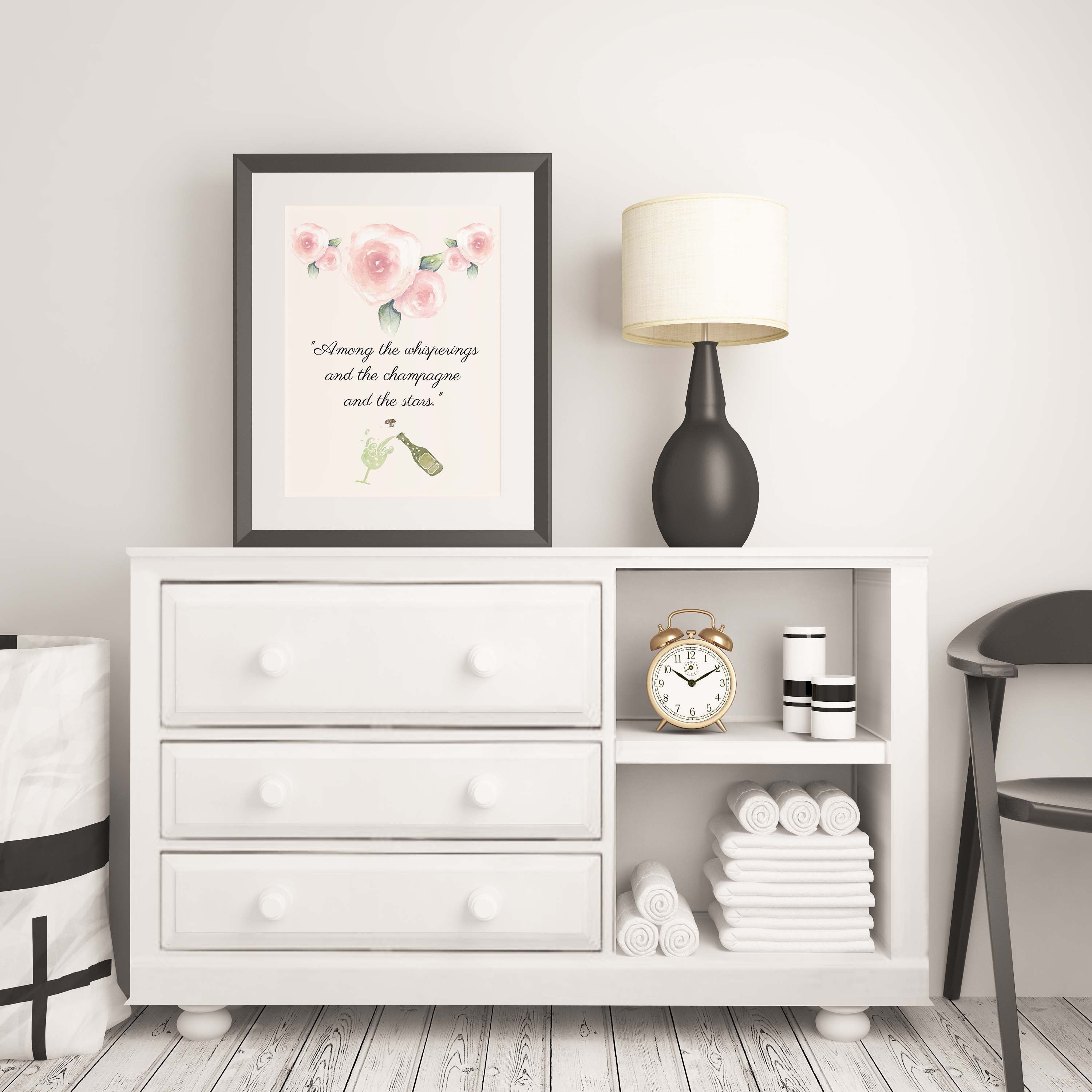 F Scott Fitzgerald Quote Champagne and Stars Great Gatsby Print in Green and Blush Pink for Living Room Decor