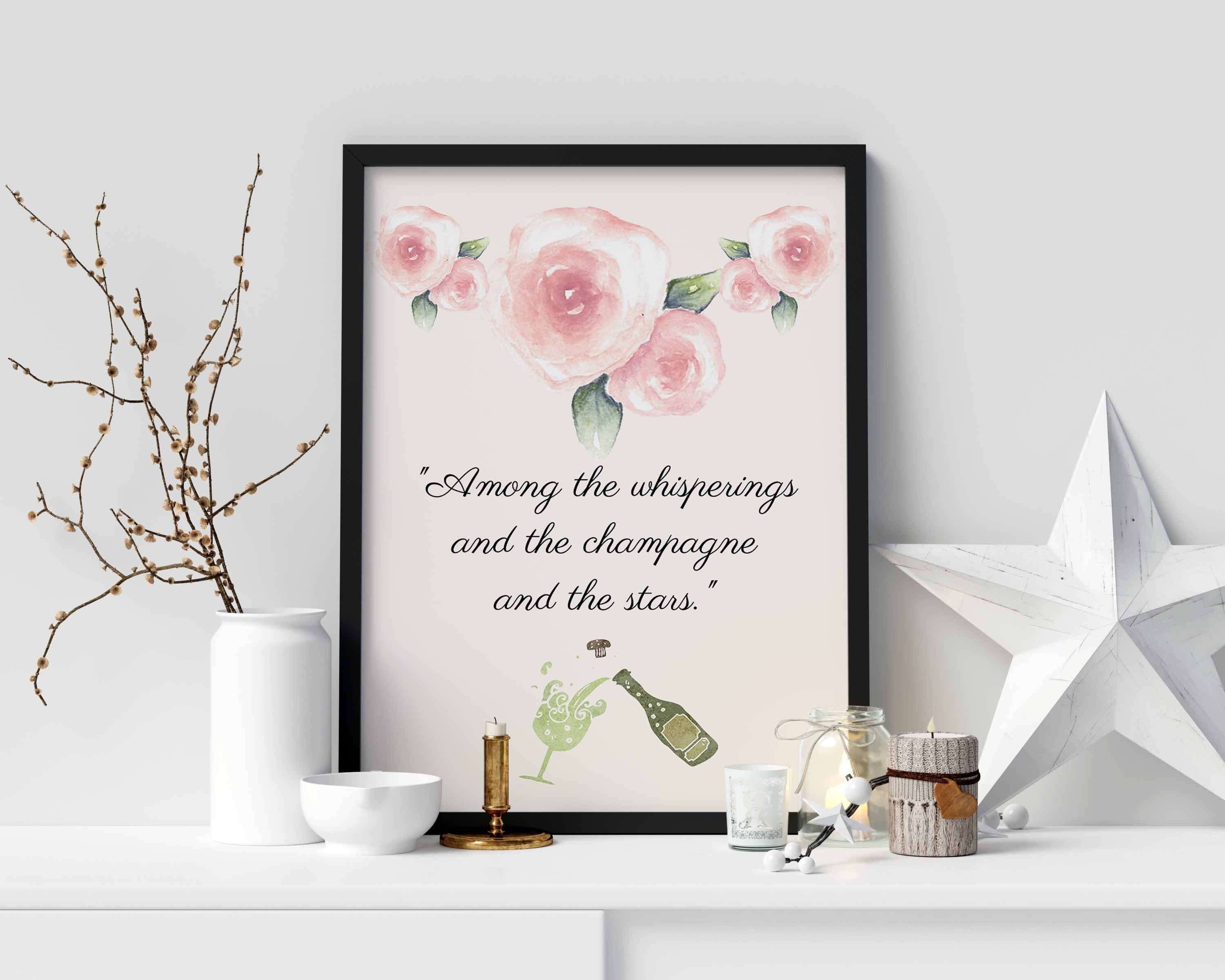 F Scott Fitzgerald Quote Champagne and Stars Great Gatsby Print in Green and Blush Pink for Living Room Decor