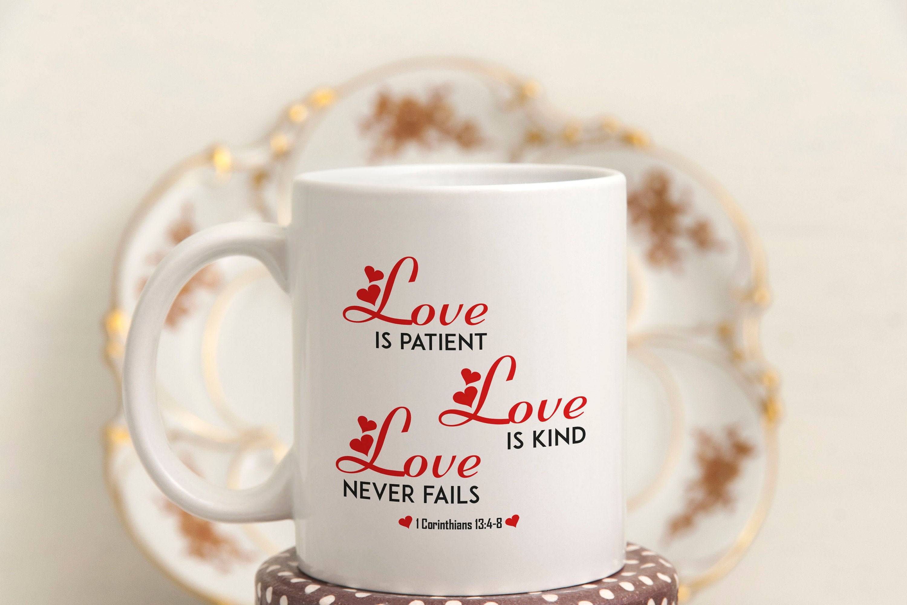 Love is Patient Love is Kind Coffee Mug, Scripture Tea Mug Christian Gifts, Love Never Fails I Corinthians 13 Bible Verse Mug