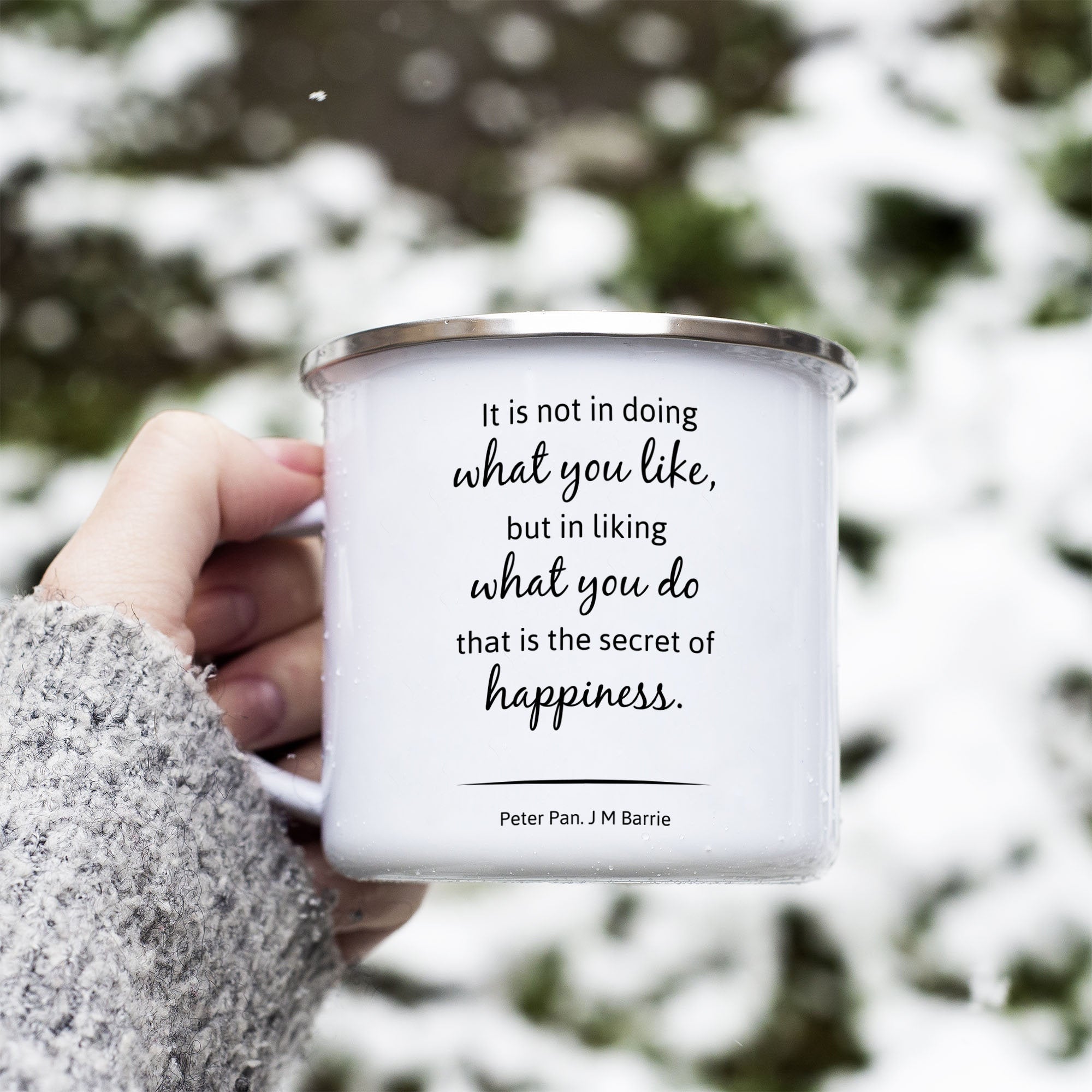 Peter Pan Secret of Happiness Quote Enamel Camping Mug, Coffee or Tea Mug Book Lover Literary Gifts
