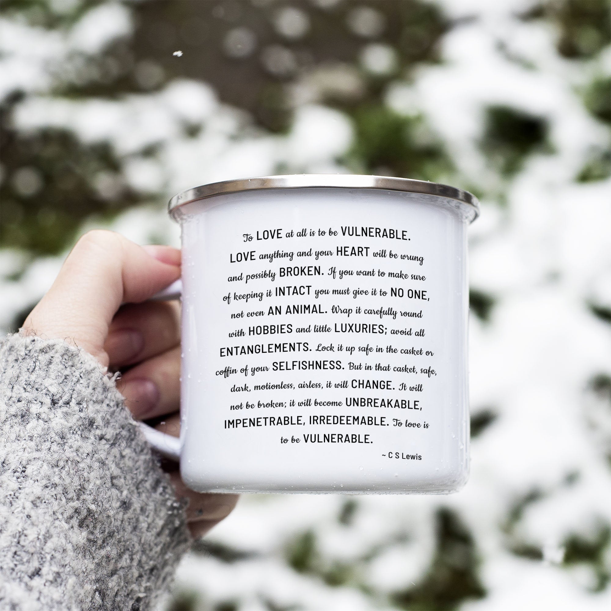 C S Lewis To Love is to be Vulnerable Quote Enamel Coffee Mug, The Four Loves Camping Mug, Literary Gifts