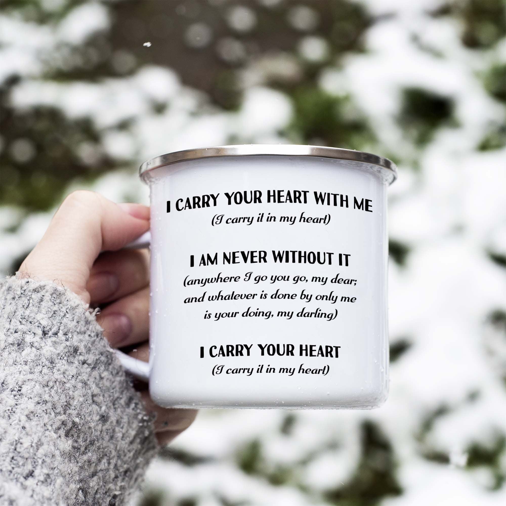i carry your heart Mug, e e cummings Camping Mug, Black & White Enamel Coffee Mug Literary Gift