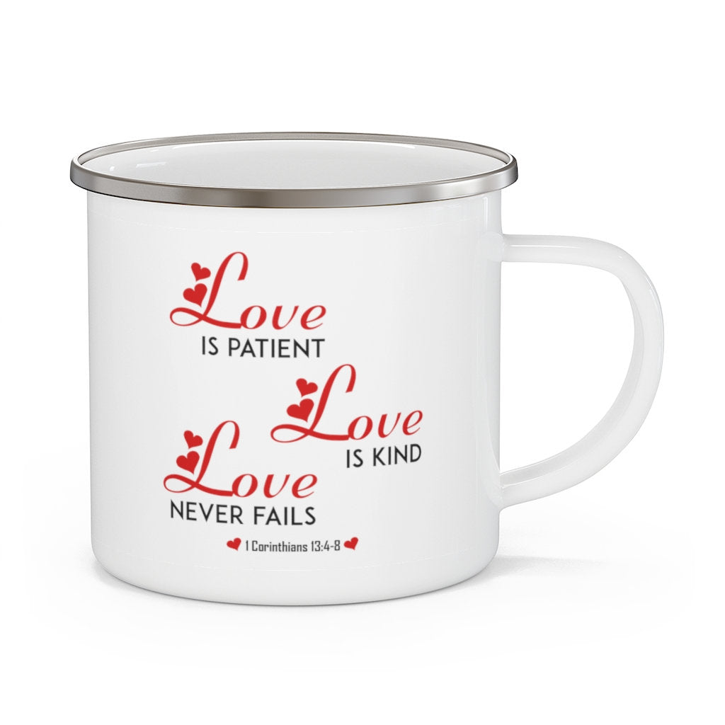 Corinthians 13 Love Is Enamel Coffee Mug, Camping Mug Christian Gifts