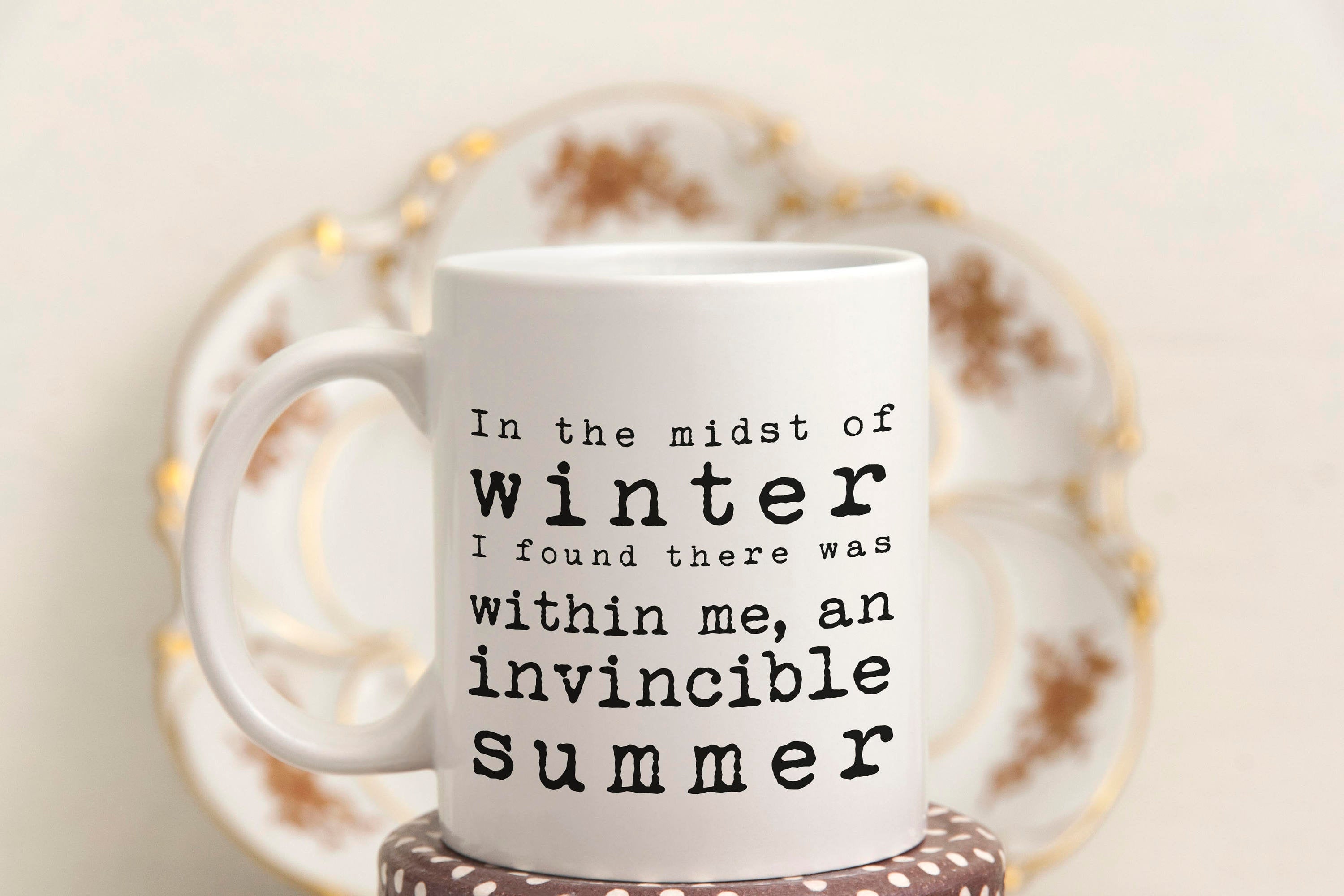 Invincible Summer Coffee Mug, Albert Camus Quote Inspirational Tea Mug