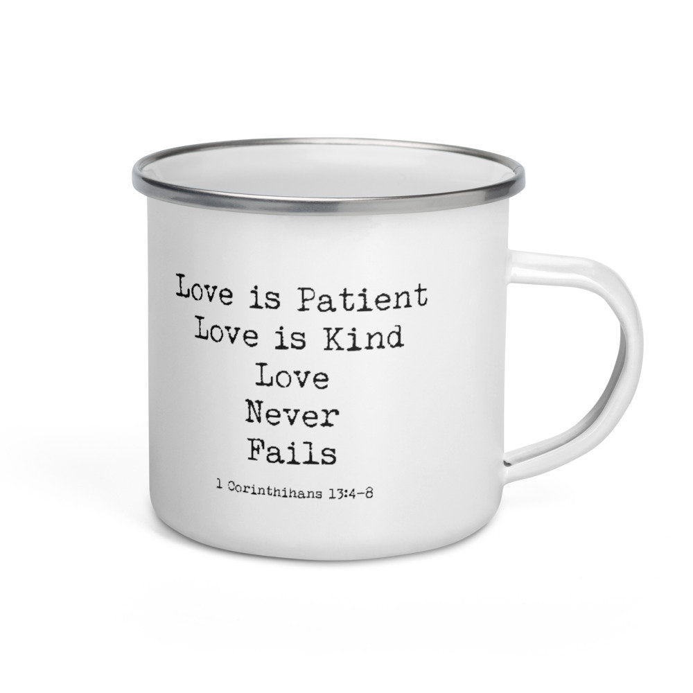 Love Never Fails Enamel Coffee Mug, I Corinthians 13