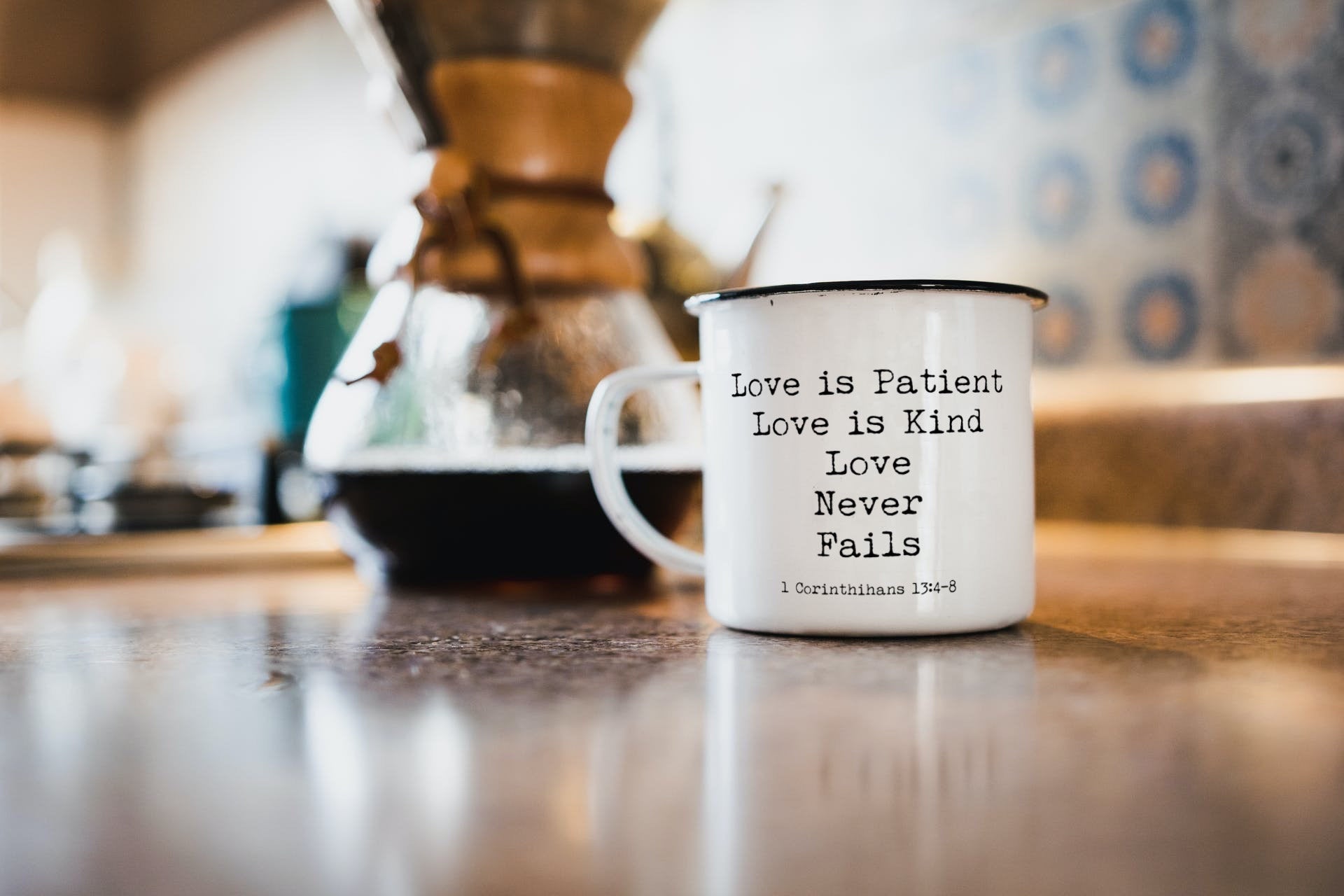 Love Never Fails Enamel Coffee Mug, I Corinthians 13