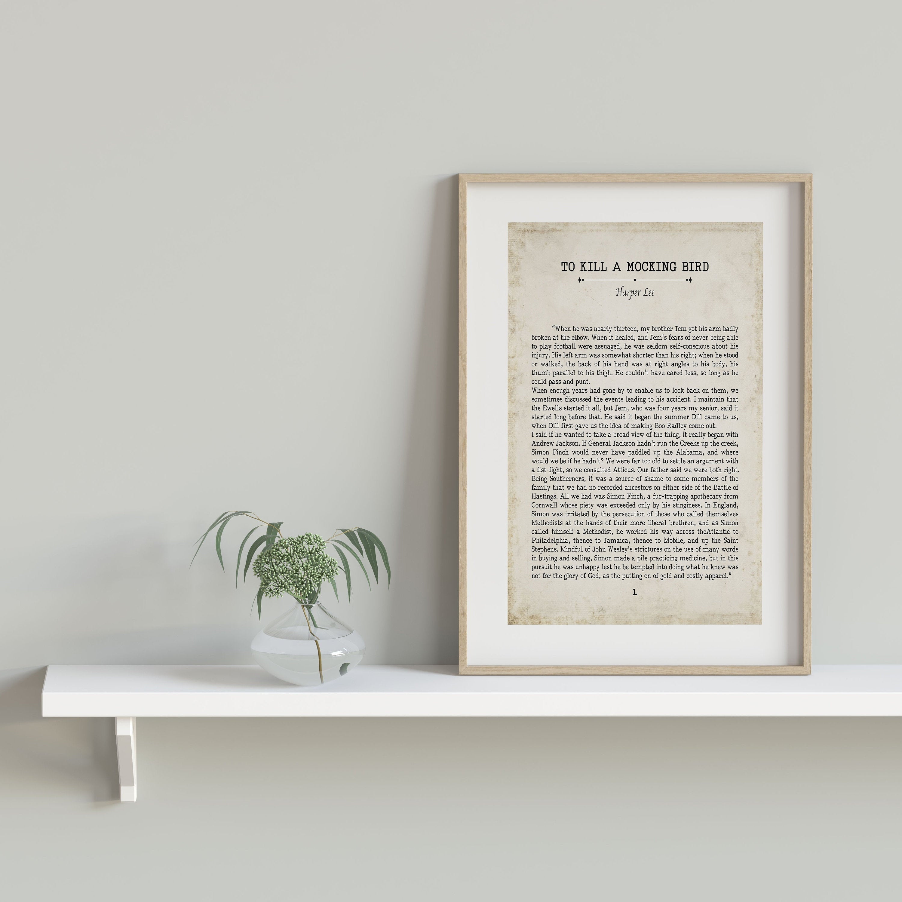 To Kill a Mockingbird Book Page Inspirational Wall Art, Harper Lee Vintage Style Print Wall Decor, First Chapter Opening Lines