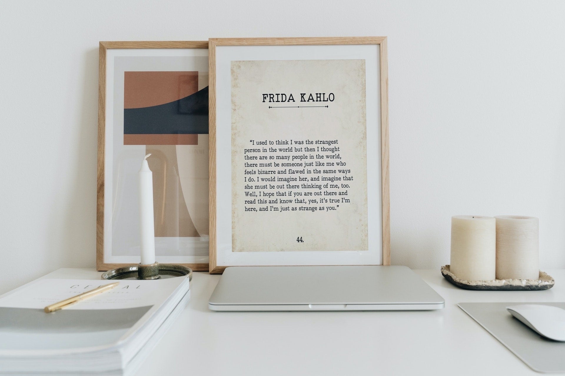 Frida Kahlo Book Page Inspirational Wall Art, I Used To Think I Was The Strangest Person In The World Quote Vintage Style Print Wall Decor
