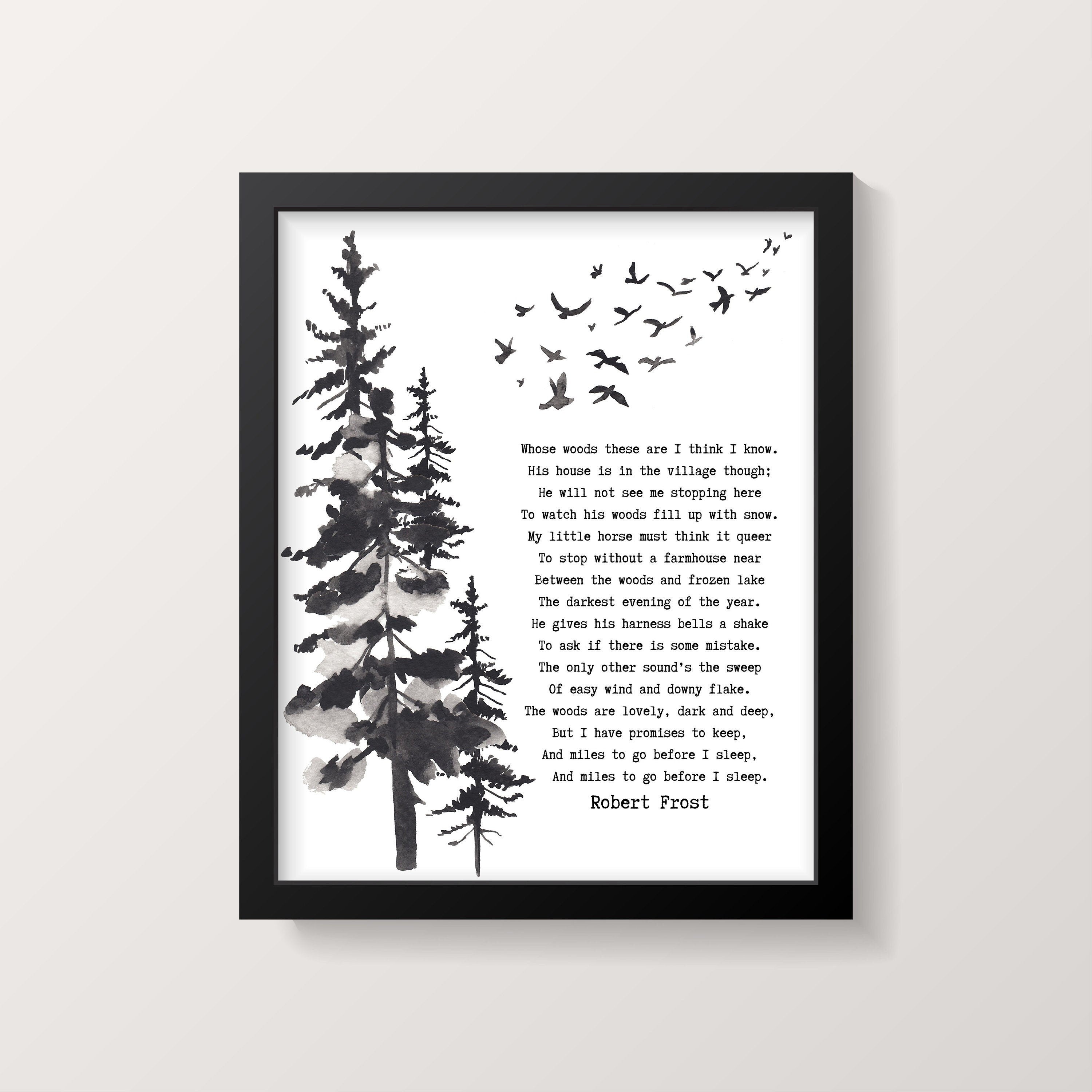 Framed Art Robert Frost Stopping by the Woods on a Snowy Evening Wall Art Print in Black & White for Home Wall Decor