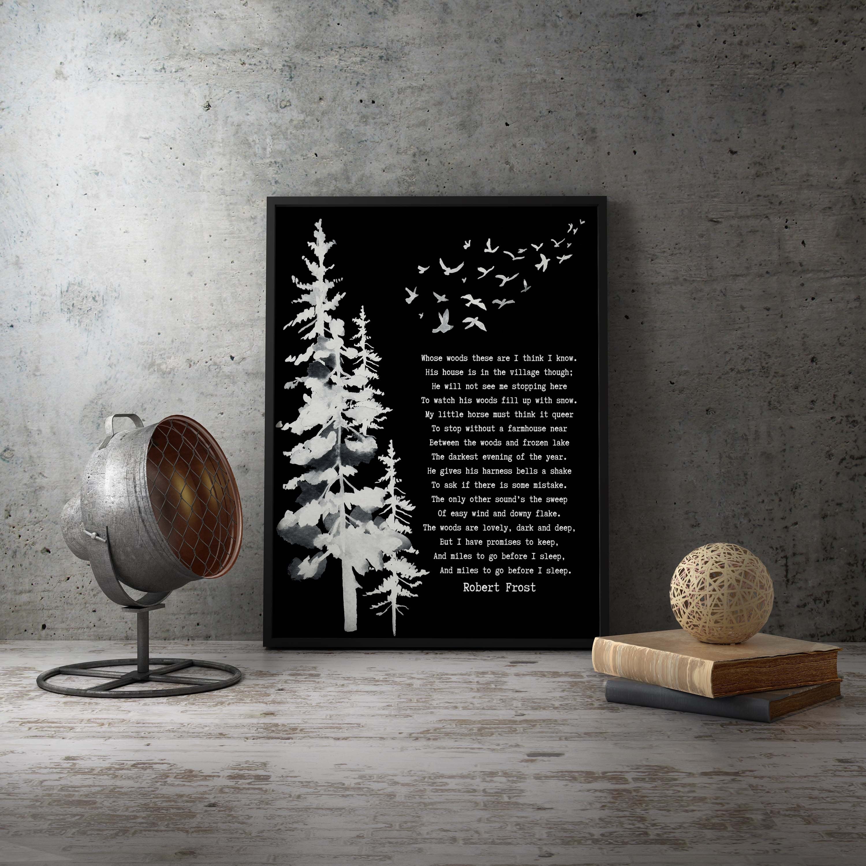 Framed Art Robert Frost Stopping by the Woods on a Snowy Evening Wall Art Print in Black & White for Home Wall Decor