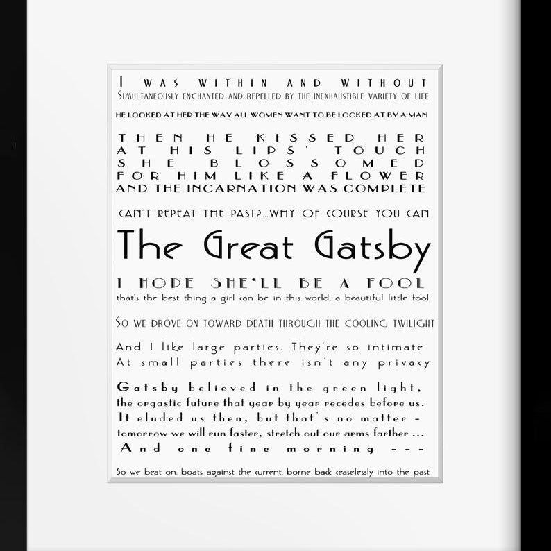 The Great Gatsby Quote Print, Literary Art Poster, F Scott Fitzgerald Unframed Art in black & white - BookQuoteDecor