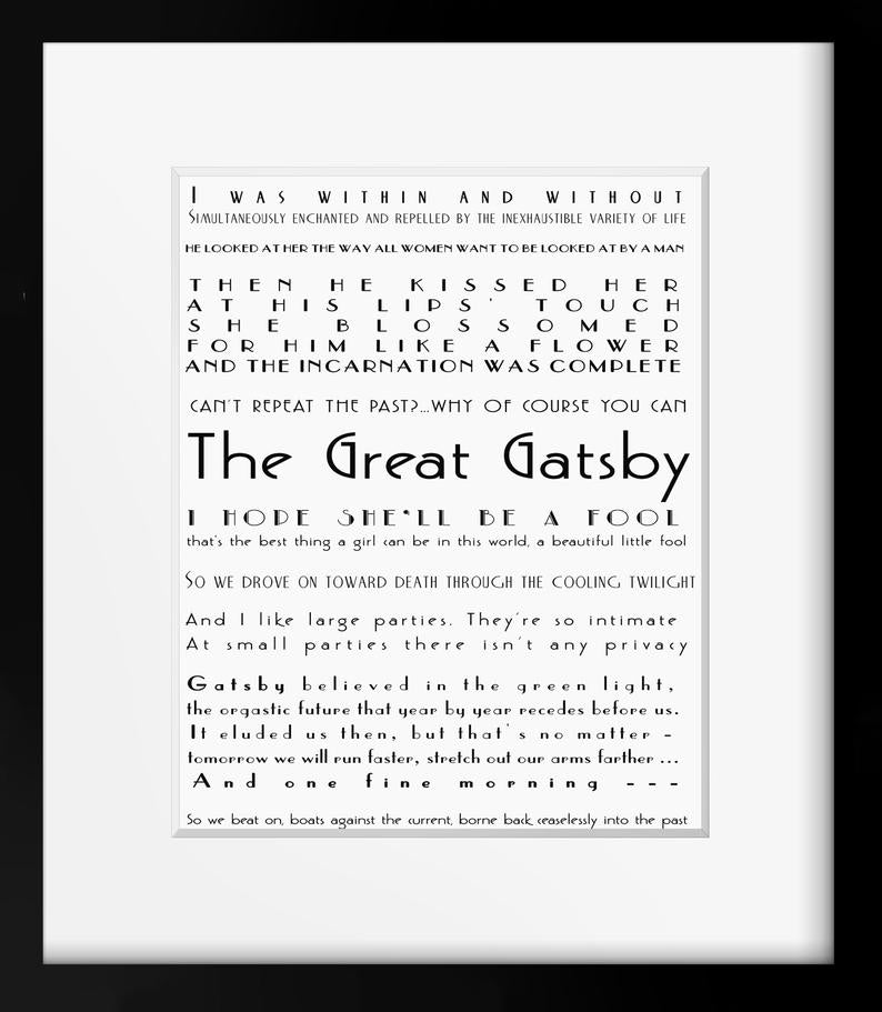 The Great Gatsby Quote Print, Literary Art Poster, F Scott Fitzgerald Unframed Art in black & white - BookQuoteDecor