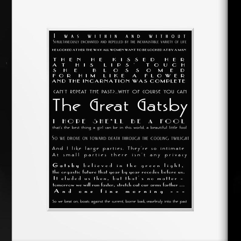 The Great Gatsby Quote Print, Literary Art Poster, F Scott Fitzgerald Unframed Art in black & white - BookQuoteDecor