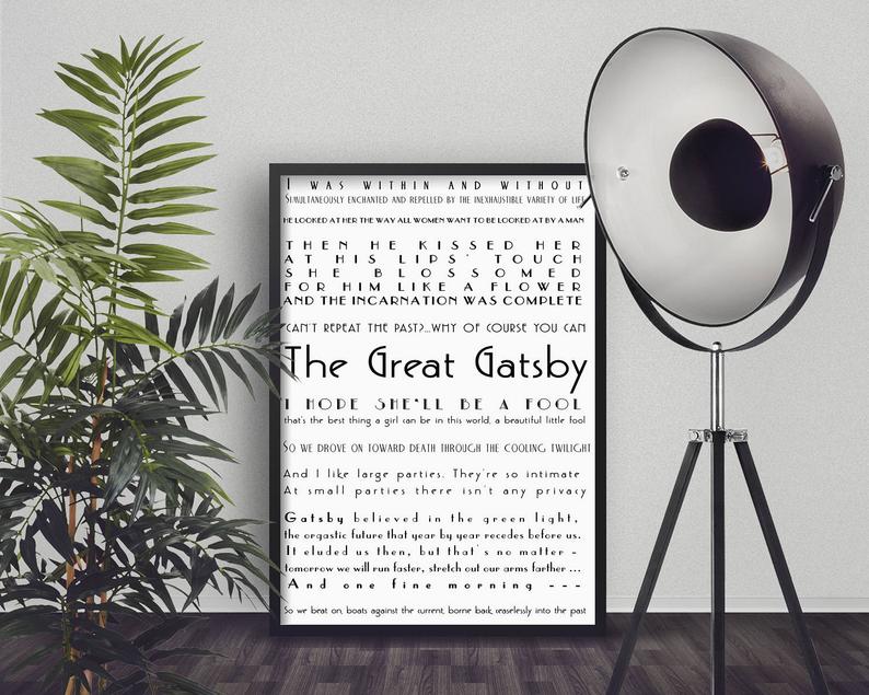 The Great Gatsby Quote Print, Literary Art Poster, F Scott Fitzgerald Unframed Art in black & white - BookQuoteDecor