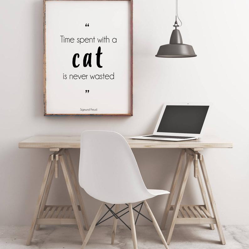 Sigmund Freud Quote Poster with Cat Lover Quote, black & white cat wall art print, Unframed art quote wall art decor, Time spent with a cat - BookQuoteDecor