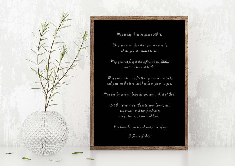 St. Teresa Of Avila Peace Quote Print in Black & White, May Today There Be Peace Within Unframed Inspirational Quote Wall Art Print - BookQuoteDecor