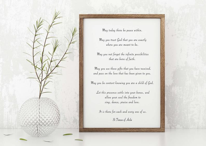 St. Teresa Of Avila Peace Quote Print in Black & White, May Today There Be Peace Within Unframed Inspirational Quote Wall Art Print - BookQuoteDecor
